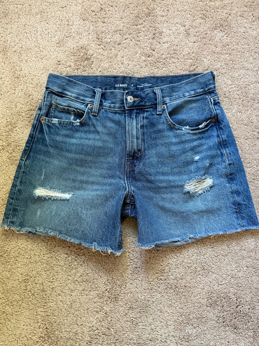 Old Navy Distressed Mid-Blue Denim Cutoff Shorts-Slouchy